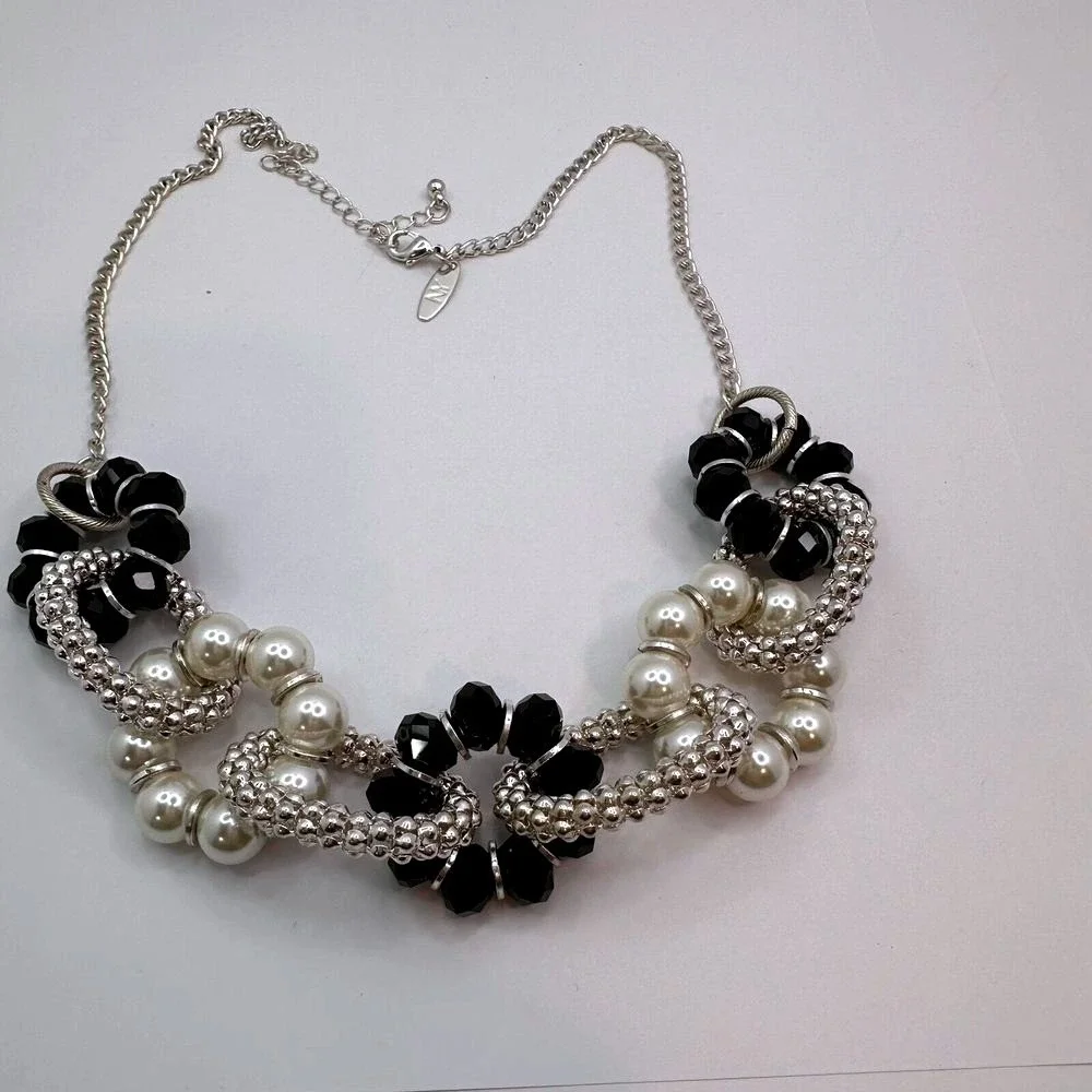 New York & Company Silver Tone Faux Pearl Black Beaded Bib‎ Statement Necklace